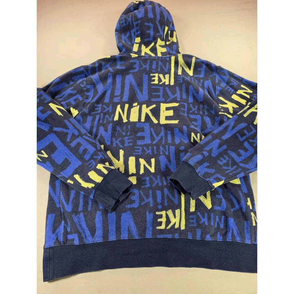 Nike Sportswear All Over Print Graffiti Logo Hoodie Navy Blue Neon Yellow Mens M